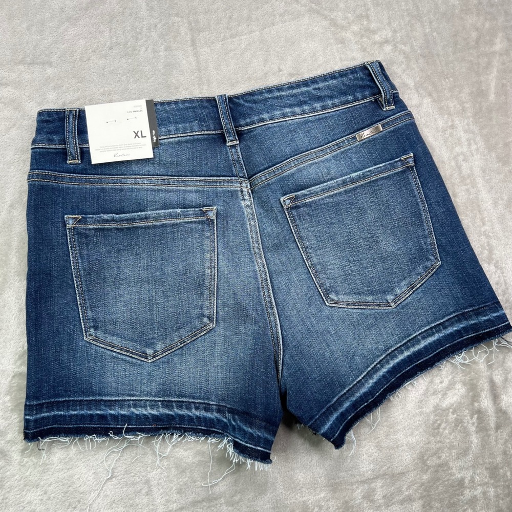 Kancan High Rise Denim Shorts Womens XL Blue Solid Stretch Button Fly Raw Hem - Picture 9 of 10